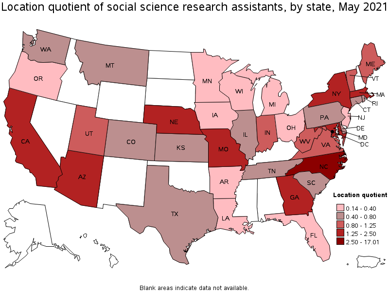 Map of location quotient of social science research assistants by state, May 2021