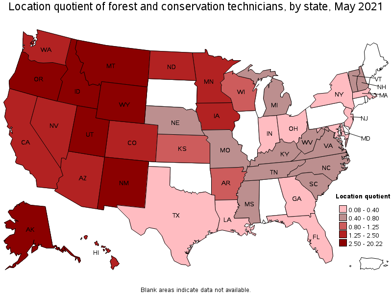 Map of location quotient of forest and conservation technicians by state, May 2021