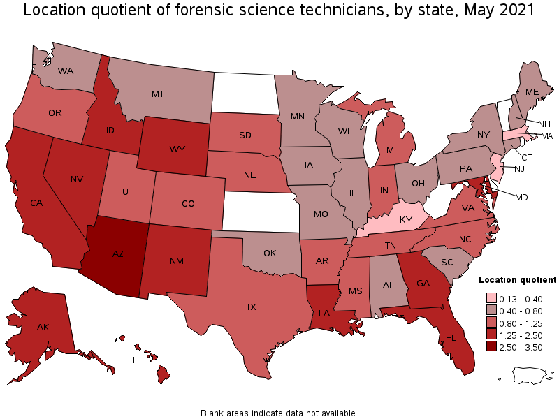 Map of location quotient of forensic science technicians by state, May 2021
