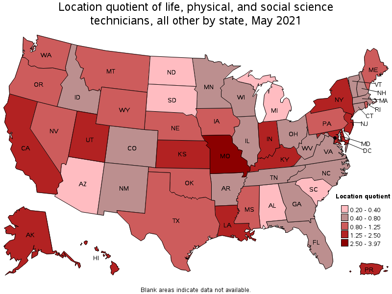 Map of location quotient of life, physical, and social science technicians, all other by state, May 2021
