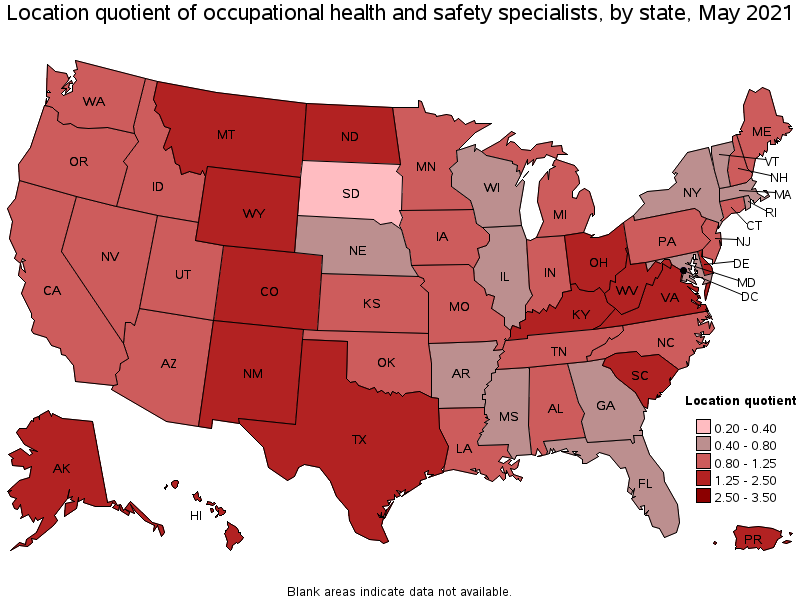 Map of location quotient of occupational health and safety specialists by state, May 2021
