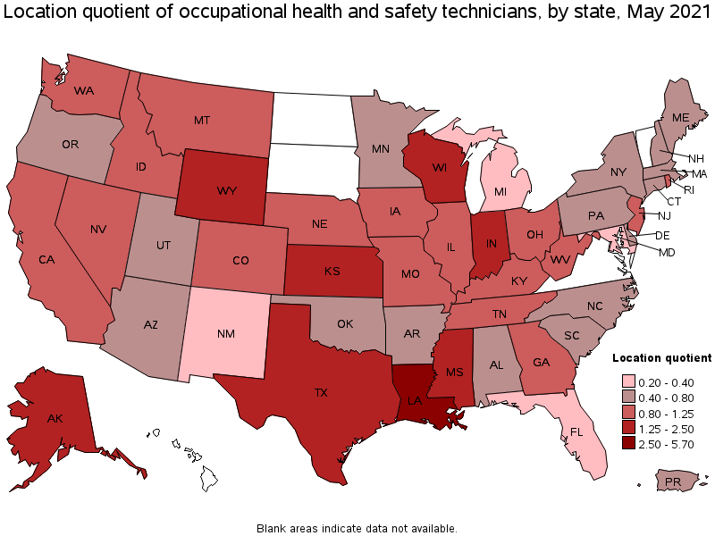 Map of location quotient of occupational health and safety technicians by state, May 2021