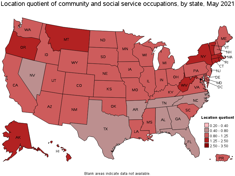 Map of location quotient of community and social service occupations by state, May 2021