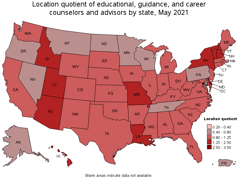 Map of location quotient of educational, guidance, and career counselors and advisors by state, May 2021