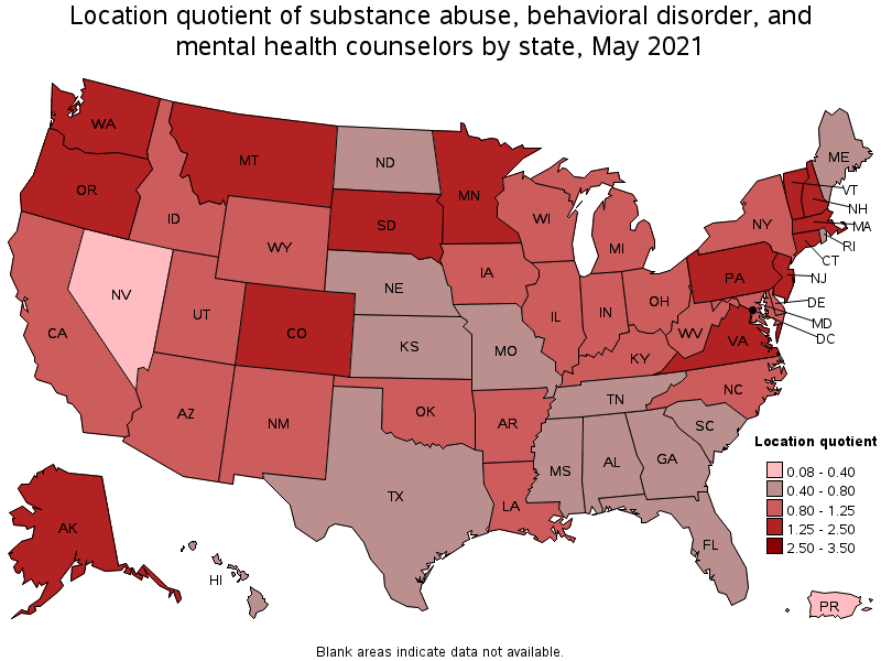 Map of location quotient of substance abuse, behavioral disorder, and mental health counselors by state, May 2021