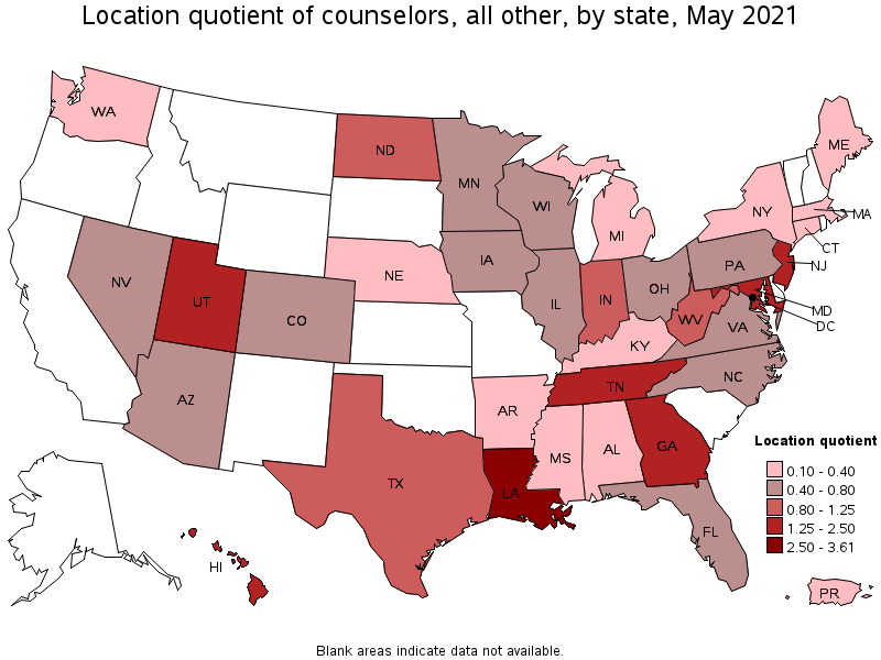 Map of location quotient of counselors, all other by state, May 2021