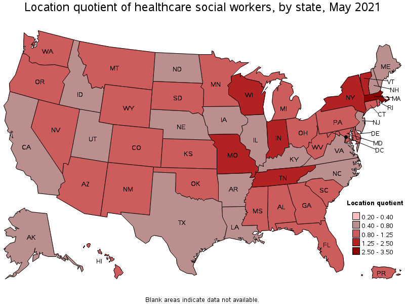 Map of location quotient of healthcare social workers by state, May 2021