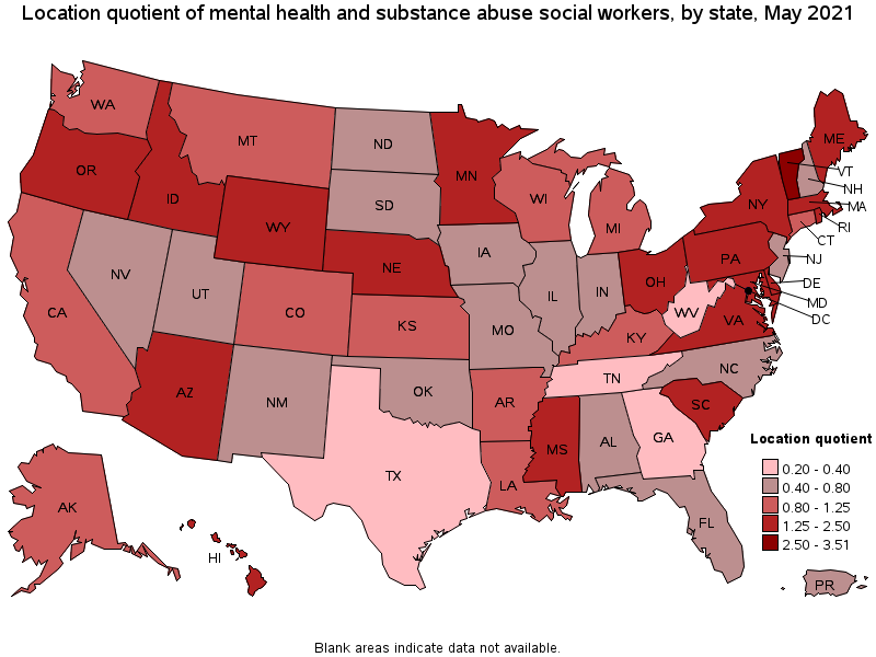 Map of location quotient of mental health and substance abuse social workers by state, May 2021