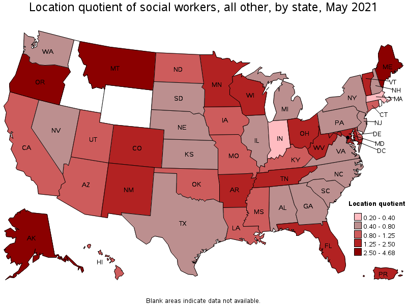 Map of location quotient of social workers, all other by state, May 2021