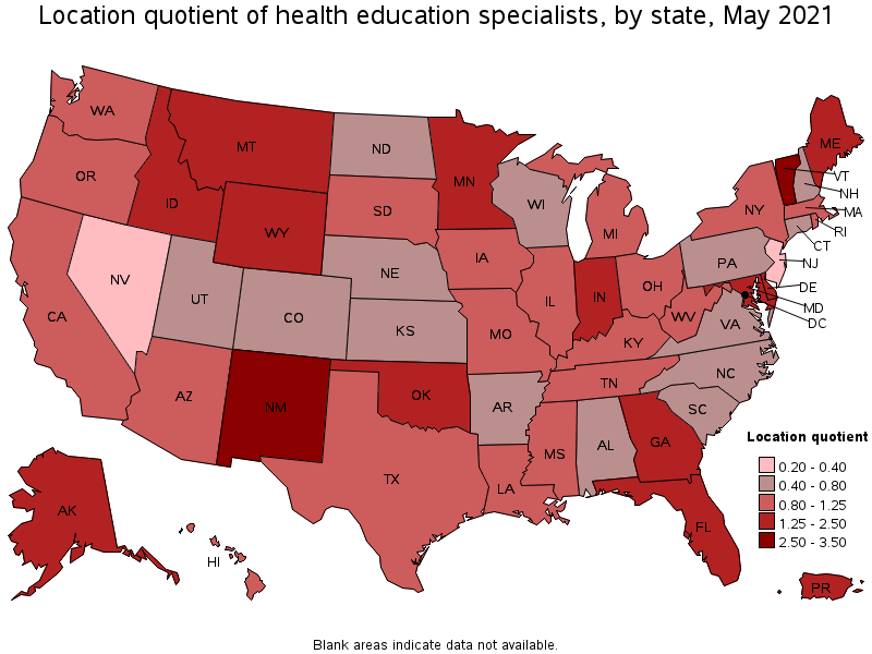 Map of location quotient of health education specialists by state, May 2021
