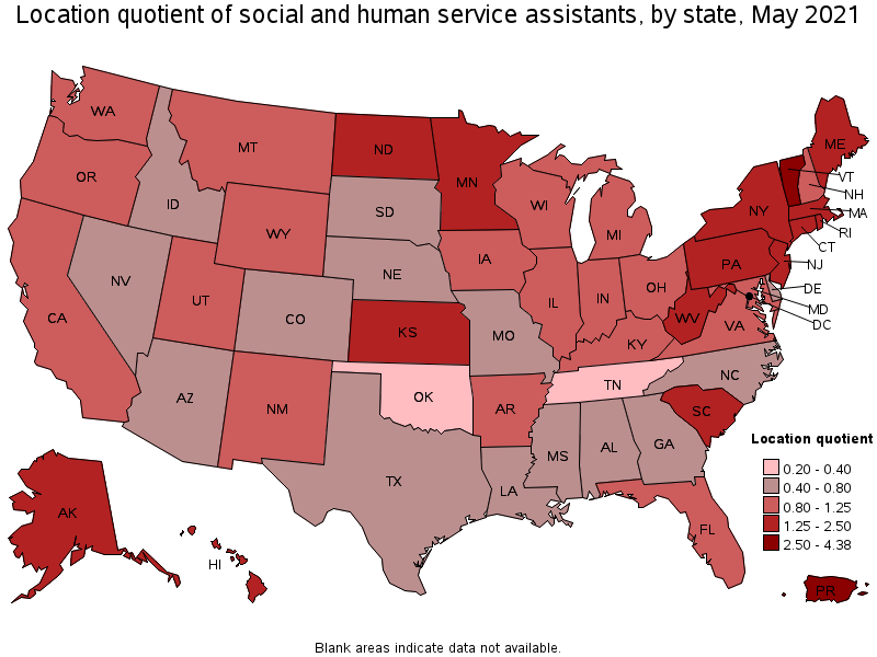 Map of location quotient of social and human service assistants by state, May 2021