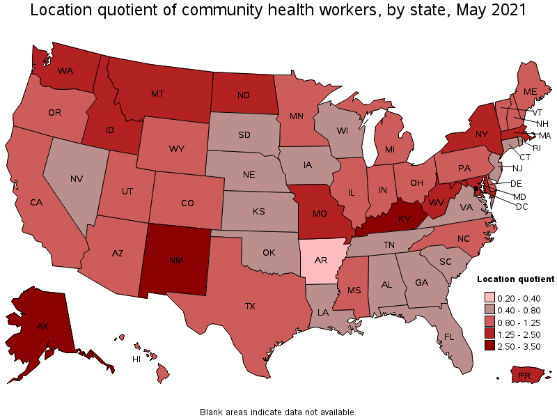 Map of location quotient of community health workers by state, May 2021