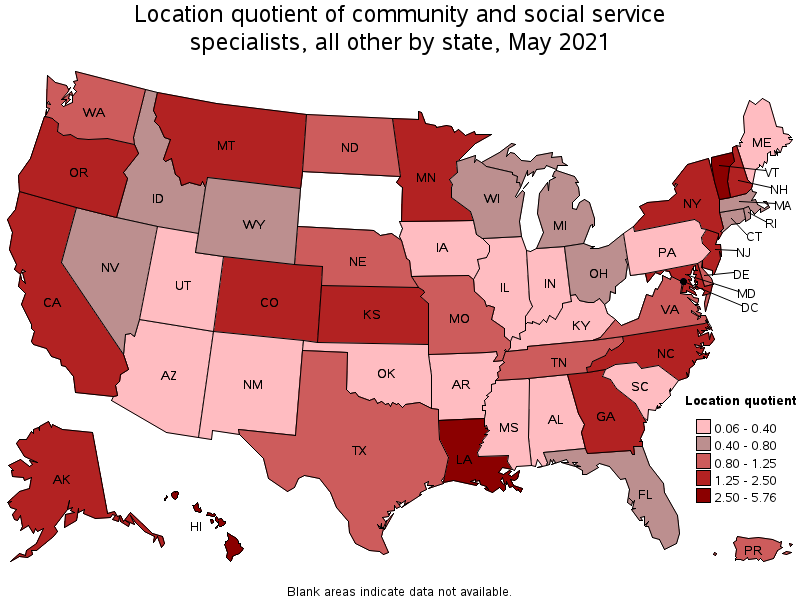 Map of location quotient of community and social service specialists, all other by state, May 2021