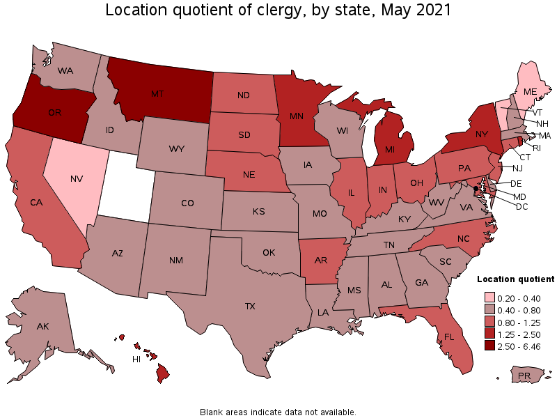 Map of location quotient of clergy by state, May 2021
