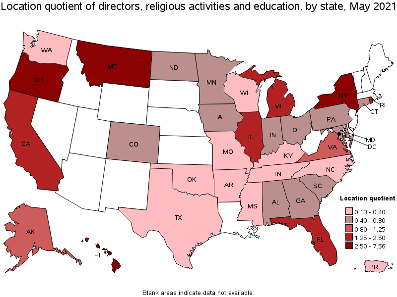 Map of location quotient of directors, religious activities and education by state, May 2021