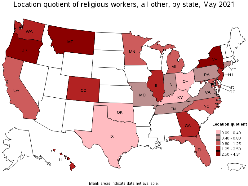 Map of location quotient of religious workers, all other by state, May 2021