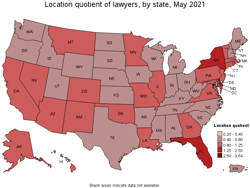 Map of location quotient of lawyers by state, May 2021