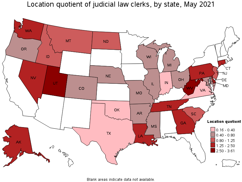 Map of location quotient of judicial law clerks by state, May 2021