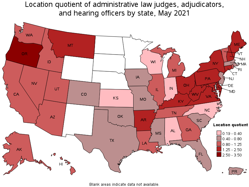 Map of location quotient of administrative law judges, adjudicators, and hearing officers by state, May 2021