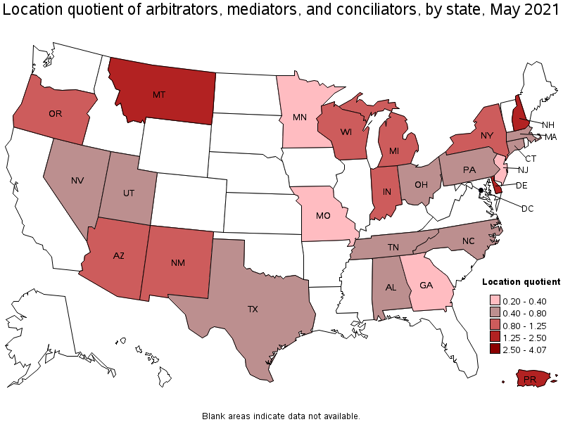 Map of location quotient of arbitrators, mediators, and conciliators by state, May 2021