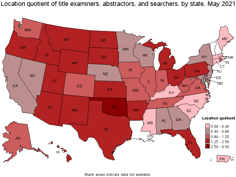 Map of location quotient of title examiners, abstractors, and searchers by state, May 2021