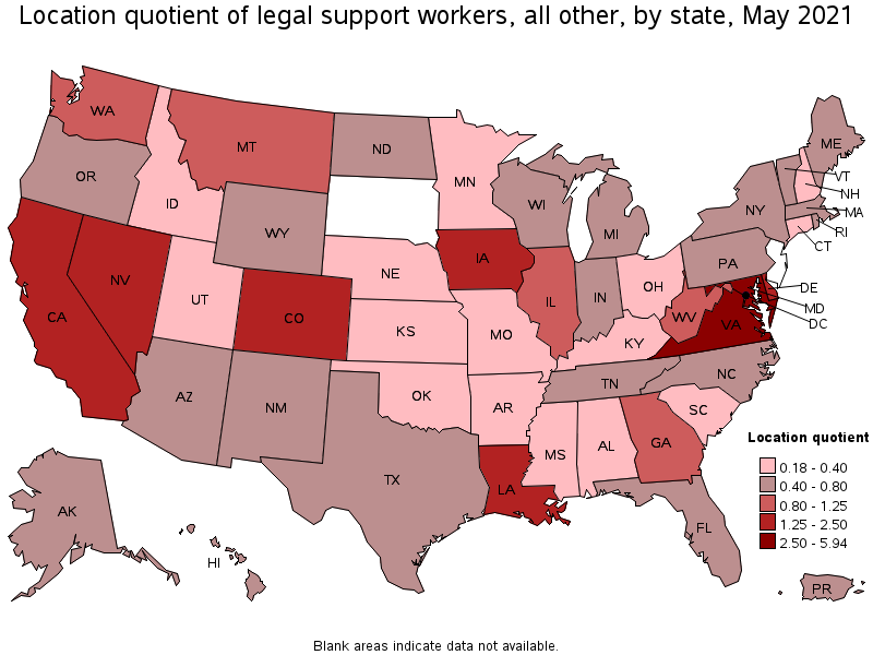 Map of location quotient of legal support workers, all other by state, May 2021