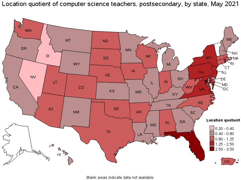 Map of location quotient of computer science teachers, postsecondary by state, May 2021