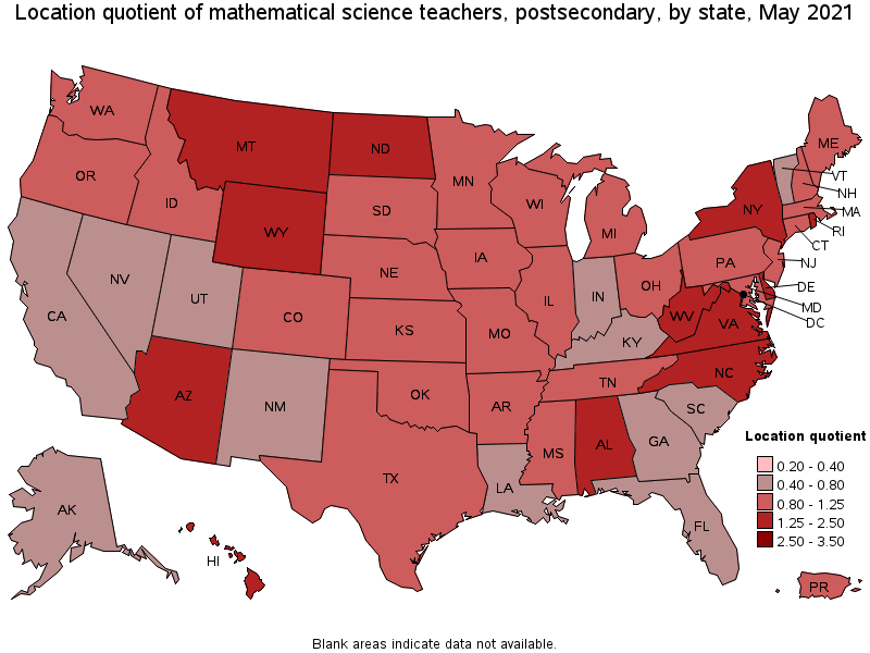 Map of location quotient of mathematical science teachers, postsecondary by state, May 2021