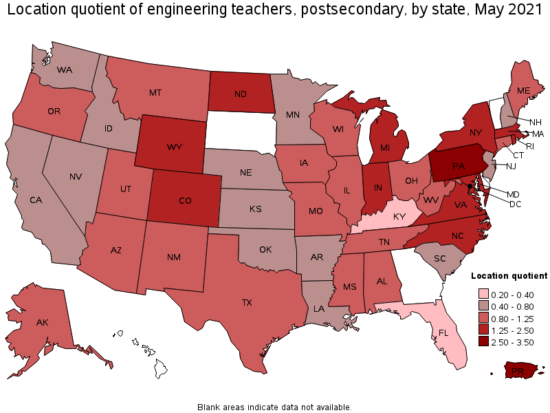 Map of location quotient of engineering teachers, postsecondary by state, May 2021
