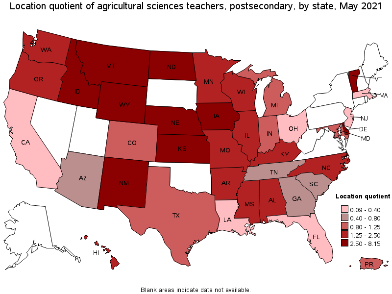 Map of location quotient of agricultural sciences teachers, postsecondary by state, May 2021