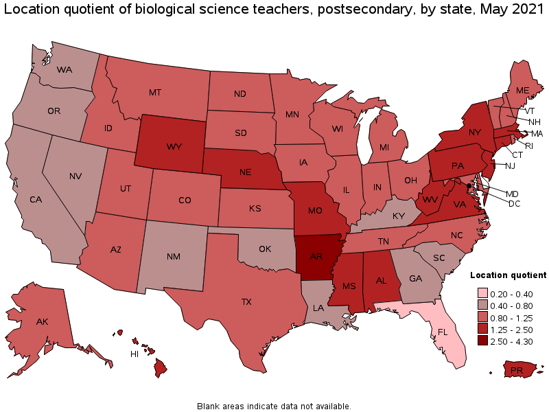Map of location quotient of biological science teachers, postsecondary by state, May 2021