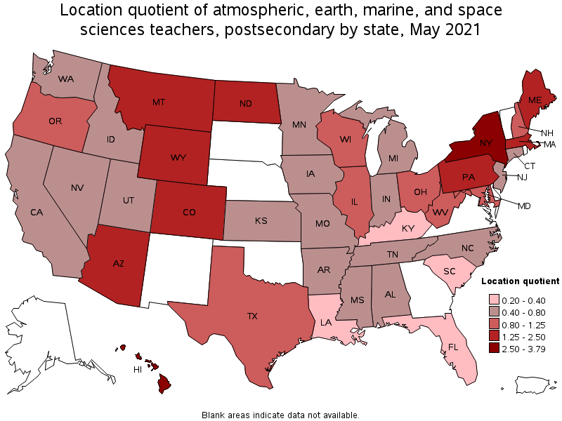Map of location quotient of atmospheric, earth, marine, and space sciences teachers, postsecondary by state, May 2021