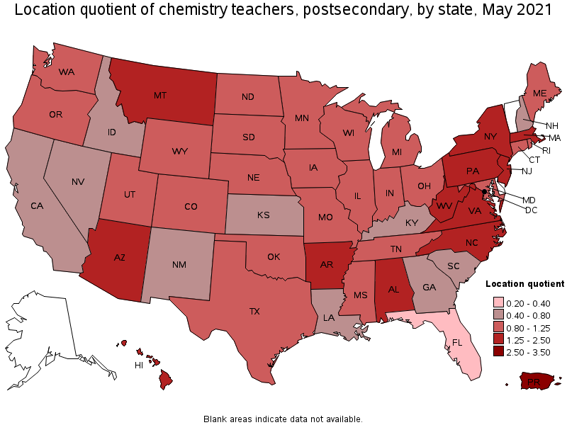 Map of location quotient of chemistry teachers, postsecondary by state, May 2021