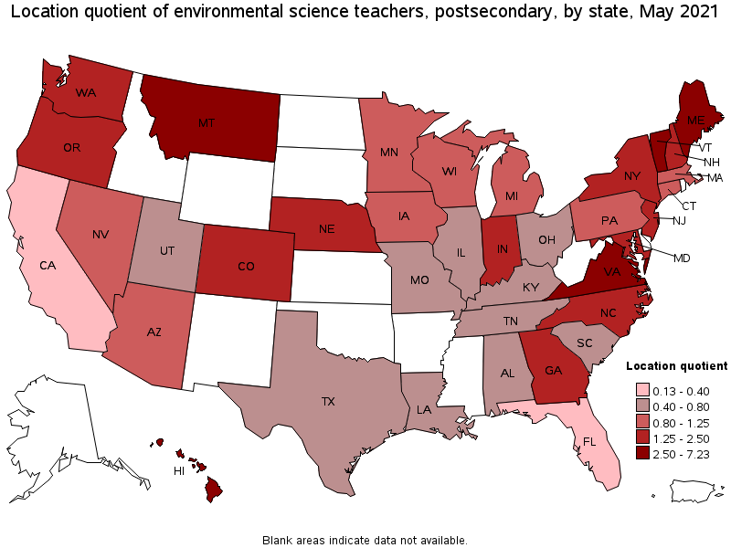Map of location quotient of environmental science teachers, postsecondary by state, May 2021