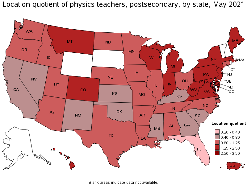 Map of location quotient of physics teachers, postsecondary by state, May 2021