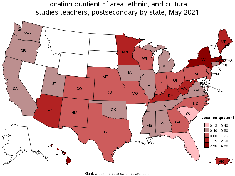 Map of location quotient of area, ethnic, and cultural studies teachers, postsecondary by state, May 2021