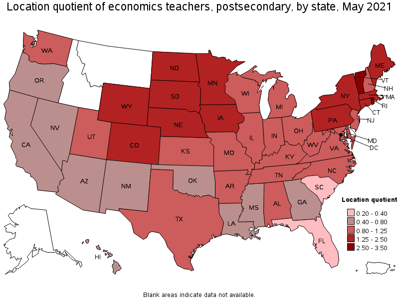 Map of location quotient of economics teachers, postsecondary by state, May 2021