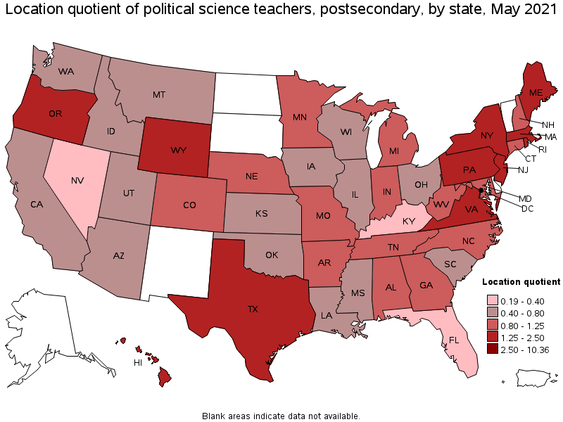 Map of location quotient of political science teachers, postsecondary by state, May 2021