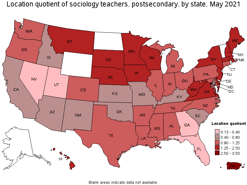 Map of location quotient of sociology teachers, postsecondary by state, May 2021