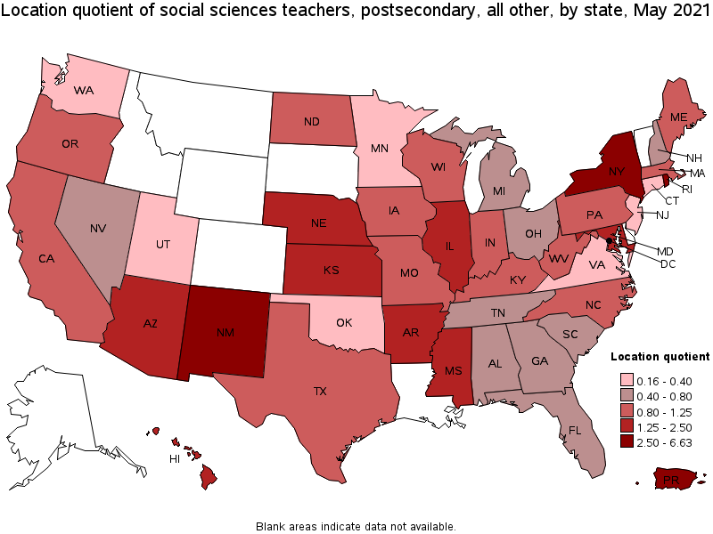 Map of location quotient of social sciences teachers, postsecondary, all other by state, May 2021