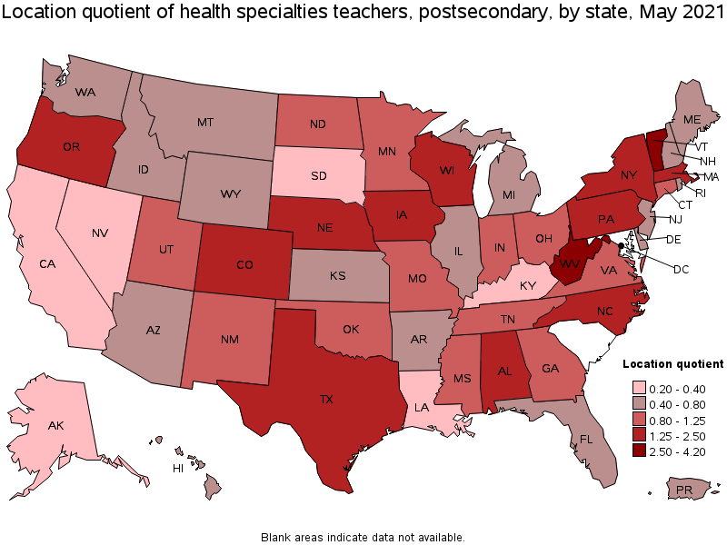 Map of location quotient of health specialties teachers, postsecondary by state, May 2021