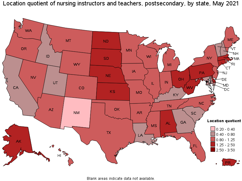 Map of location quotient of nursing instructors and teachers, postsecondary by state, May 2021