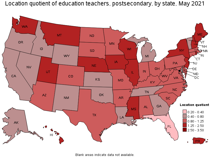 Map of location quotient of education teachers, postsecondary by state, May 2021