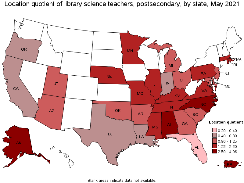Map of location quotient of library science teachers, postsecondary by state, May 2021