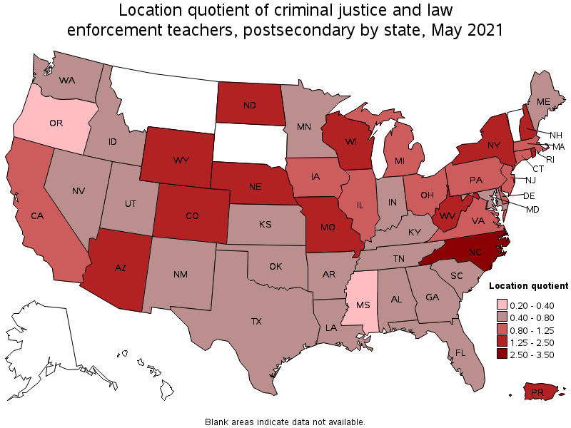 Map of location quotient of criminal justice and law enforcement teachers, postsecondary by state, May 2021