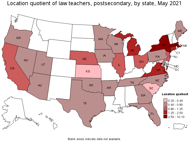 Map of location quotient of law teachers, postsecondary by state, May 2021