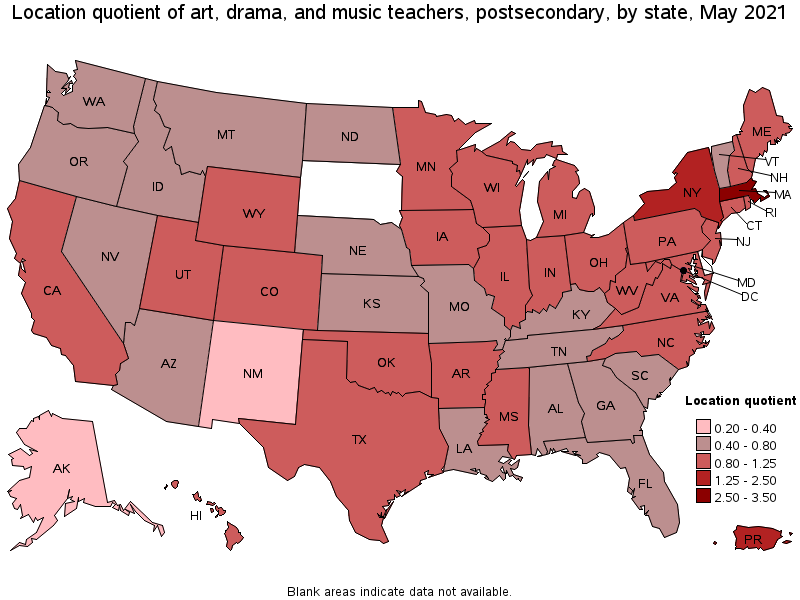 Map of location quotient of art, drama, and music teachers, postsecondary by state, May 2021