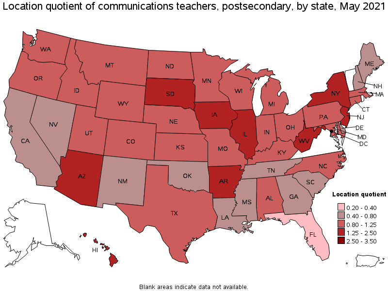 Map of location quotient of communications teachers, postsecondary by state, May 2021