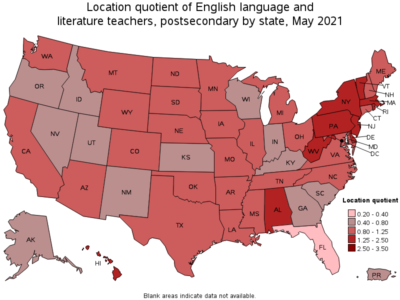 Map of location quotient of english language and literature teachers, postsecondary by state, May 2021