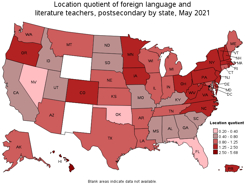 Map of location quotient of foreign language and literature teachers, postsecondary by state, May 2021